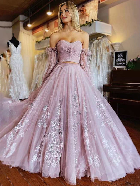 Two-Piece Dusty Pink Strapless A-Line Prom Dress with Sleeves