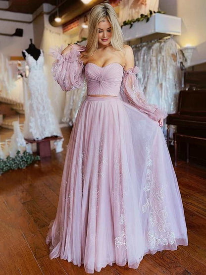 Two-Piece Dusty Pink Strapless A-Line Prom Dress with Sleeves