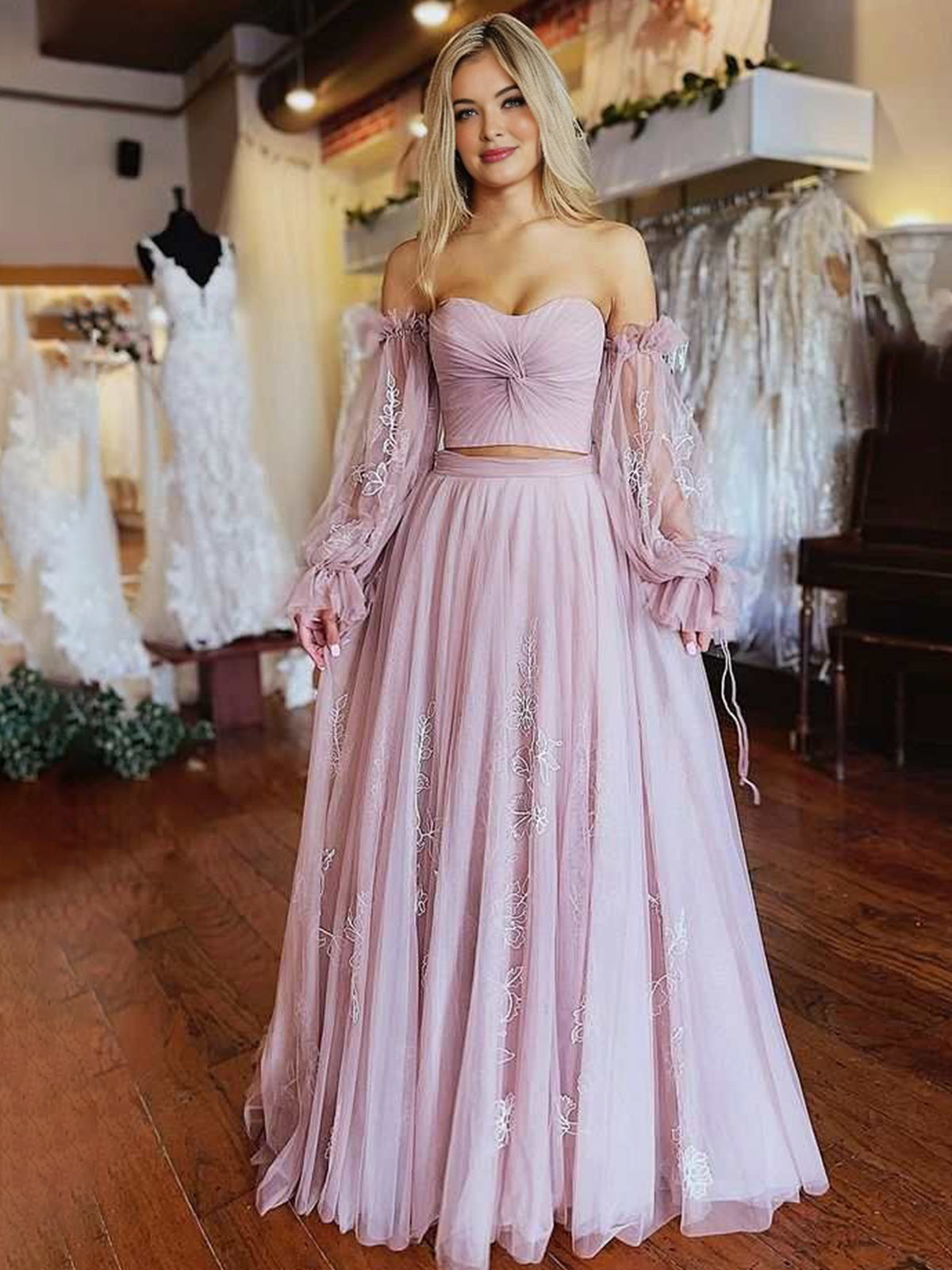 Two-Piece Dusty Pink Strapless A-Line Prom Dress with Sleeves