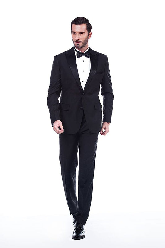 Unique Silk Peak Lapel Two Buttons Solid Black Wedding Suits for Men