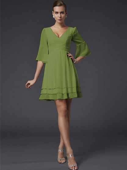 V-Neck Elegant 1/2 Sleeves Beading Short Chiffon Bridesmaid Dresses