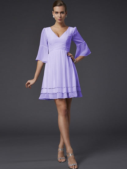 V-Neck Elegant 1/2 Sleeves Beading Short Chiffon Bridesmaid Dresses