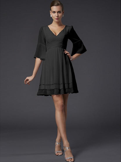 V-Neck Elegant 1/2 Sleeves Beading Short Chiffon Bridesmaid Dresses