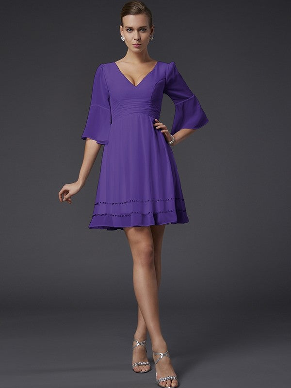 V-Neck Elegant 1/2 Sleeves Beading Short Chiffon Bridesmaid Dresses