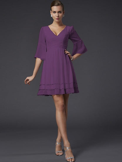 V-Neck Elegant 1/2 Sleeves Beading Short Chiffon Bridesmaid Dresses