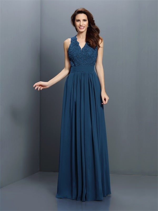 V-Neck Elegant Applique Sleeveless Long Chiffon Bridesmaid Dresses