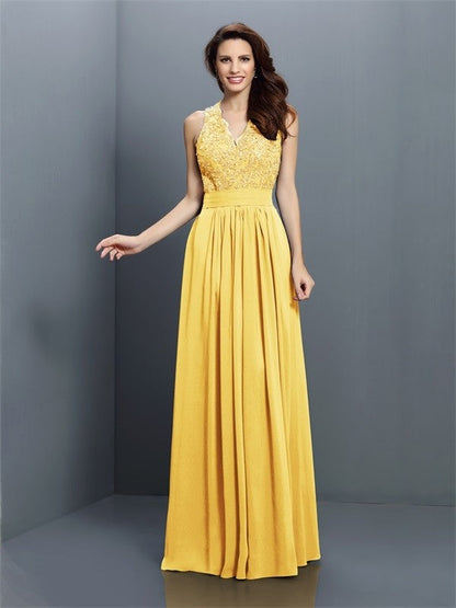 V-Neck Elegant Applique Sleeveless Long Chiffon Bridesmaid Dresses