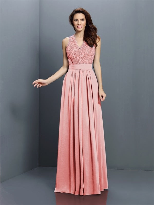 V-Neck Elegant Applique Sleeveless Long Chiffon Bridesmaid Dresses