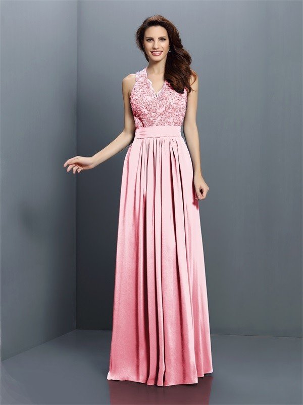 V-Neck Elegant Applique Sleeveless Long Chiffon Bridesmaid Dresses