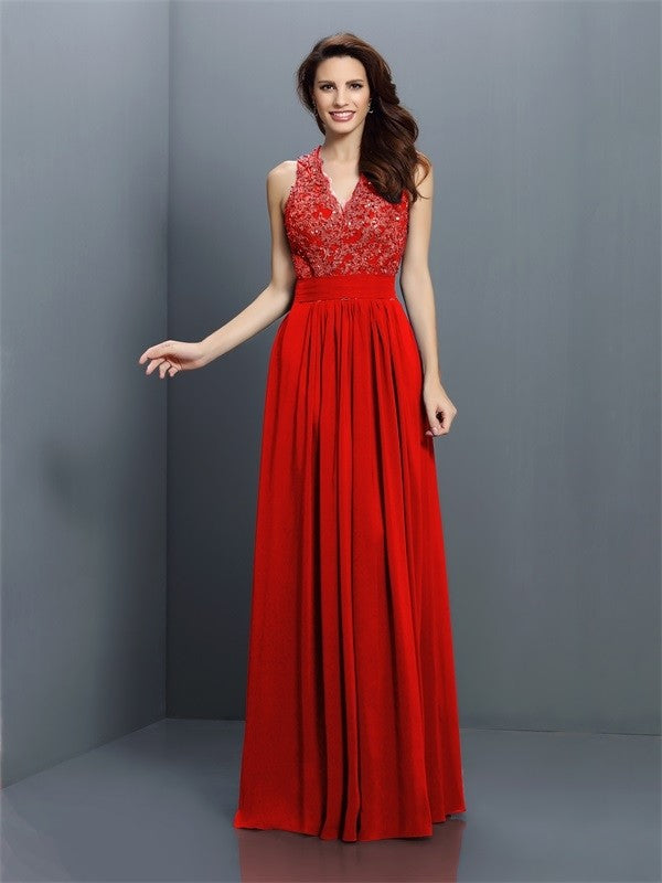 V-Neck Elegant Applique Sleeveless Long Chiffon Bridesmaid Dresses