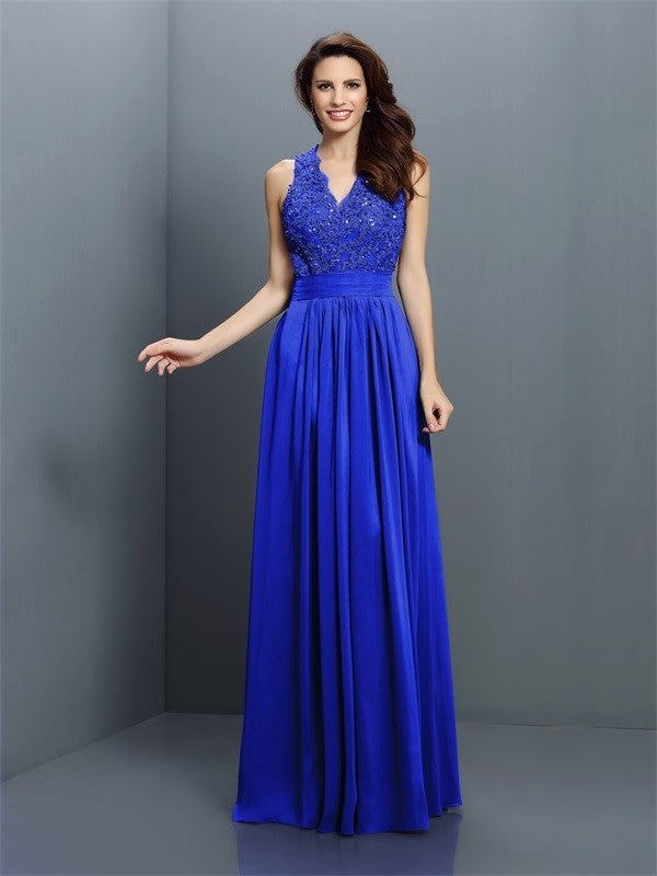 V-Neck Elegant Applique Sleeveless Long Chiffon Bridesmaid Dresses