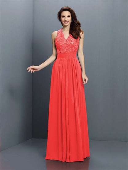 V-Neck Elegant Applique Sleeveless Long Chiffon Bridesmaid Dresses