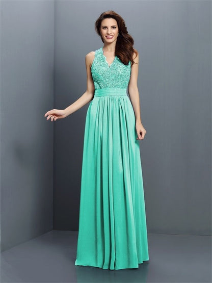 V-Neck Elegant Applique Sleeveless Long Chiffon Bridesmaid Dresses