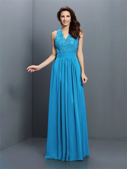 V-Neck Elegant Applique Sleeveless Long Chiffon Bridesmaid Dresses