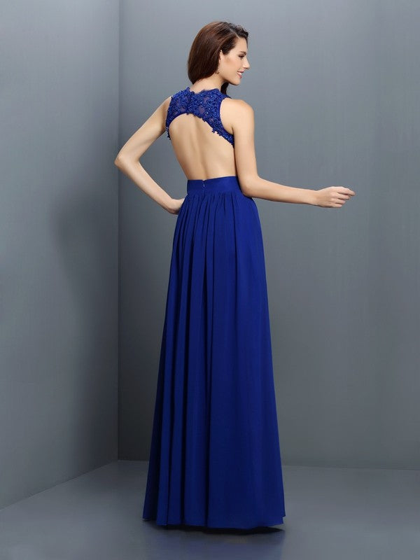 V-Neck Elegant Applique Sleeveless Long Chiffon Bridesmaid Dresses