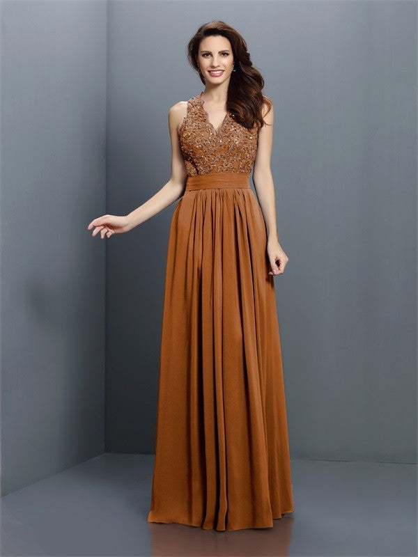 V-Neck Elegant Applique Sleeveless Long Chiffon Bridesmaid Dresses