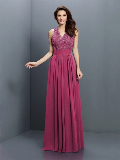 V-Neck Elegant Applique Sleeveless Long Chiffon Bridesmaid Dresses