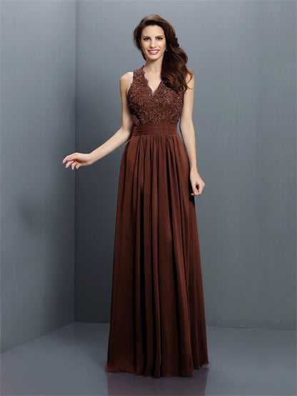 V-Neck Elegant Applique Sleeveless Long Chiffon Bridesmaid Dresses