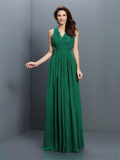 V-Neck Elegant Applique Sleeveless Long Chiffon Bridesmaid Dresses