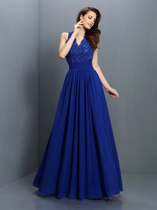 V-Neck Elegant Applique Sleeveless Long Chiffon Bridesmaid Dresses