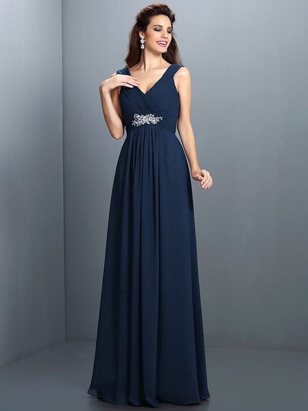 V-Neck Elegant Beading Pleats Sleeveless Long Chiffon Bridesmaid Dresses