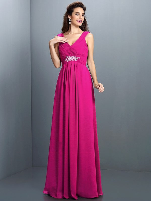 V-Neck Elegant Beading Pleats Sleeveless Long Chiffon Bridesmaid Dresses