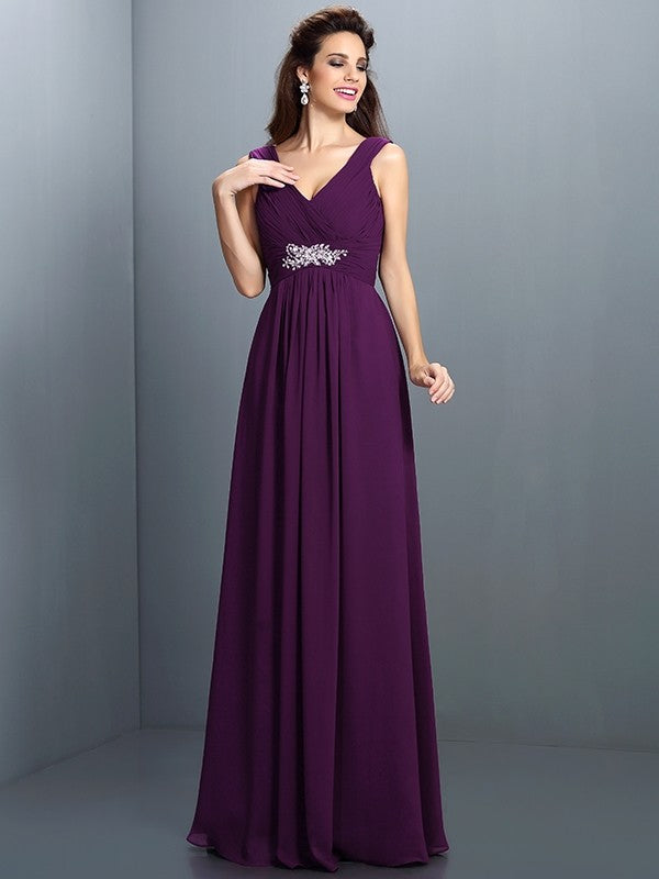 V-Neck Elegant Beading Pleats Sleeveless Long Chiffon Bridesmaid Dresses