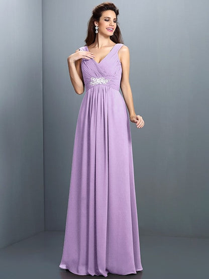 V-Neck Elegant Beading Pleats Sleeveless Long Chiffon Bridesmaid Dresses