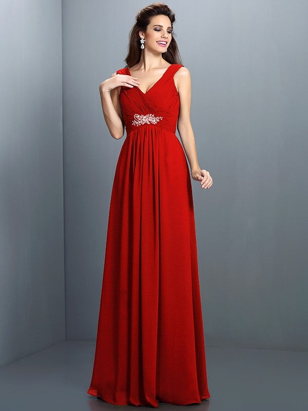 V-Neck Elegant Beading Pleats Sleeveless Long Chiffon Bridesmaid Dresses