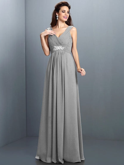 V-Neck Elegant Beading Pleats Sleeveless Long Chiffon Bridesmaid Dresses