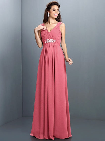 V-Neck Elegant Beading Pleats Sleeveless Long Chiffon Bridesmaid Dresses