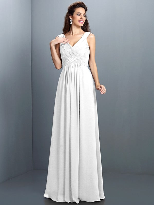 V-Neck Elegant Beading Pleats Sleeveless Long Chiffon Bridesmaid Dresses