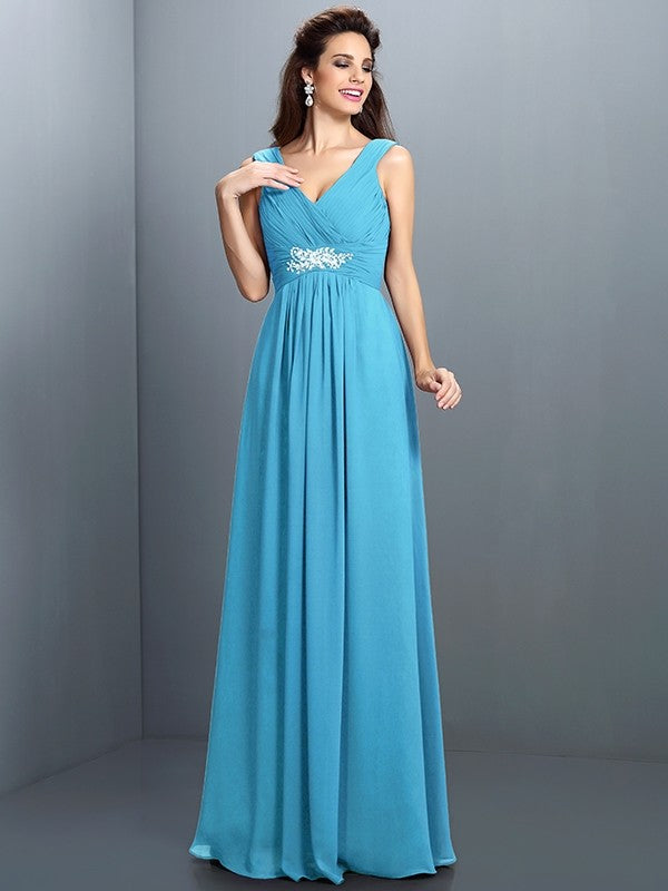 V-Neck Elegant Beading Pleats Sleeveless Long Chiffon Bridesmaid Dresses