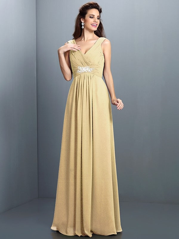 V-Neck Elegant Beading Pleats Sleeveless Long Chiffon Bridesmaid Dresses