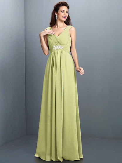 V-Neck Elegant Beading Pleats Sleeveless Long Chiffon Bridesmaid Dresses