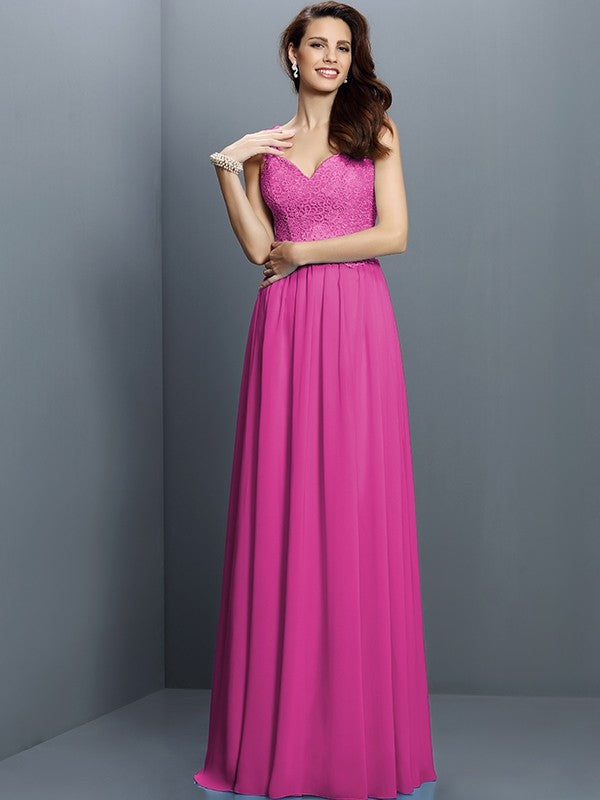 V-Neck Elegant Lace Sleeveless Long Chiffon Bridesmaid Dresses