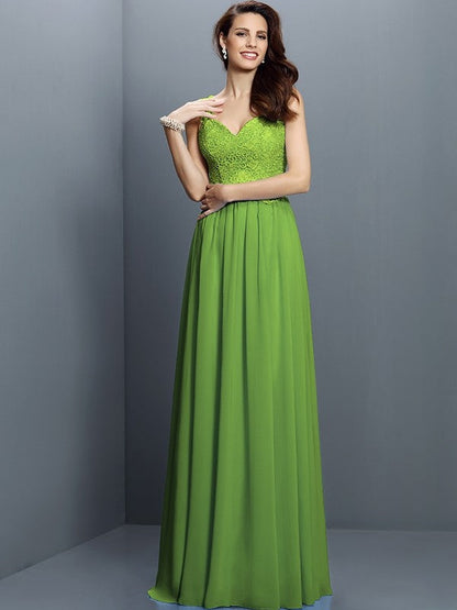 V-Neck Elegant Lace Sleeveless Long Chiffon Bridesmaid Dresses