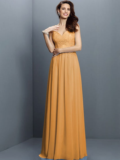 V-Neck Elegant Lace Sleeveless Long Chiffon Bridesmaid Dresses