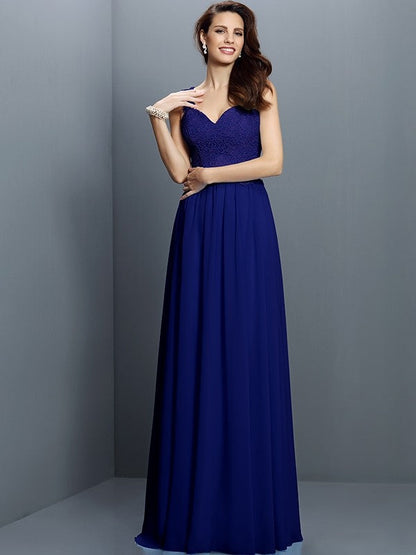 V-Neck Elegant Lace Sleeveless Long Chiffon Bridesmaid Dresses