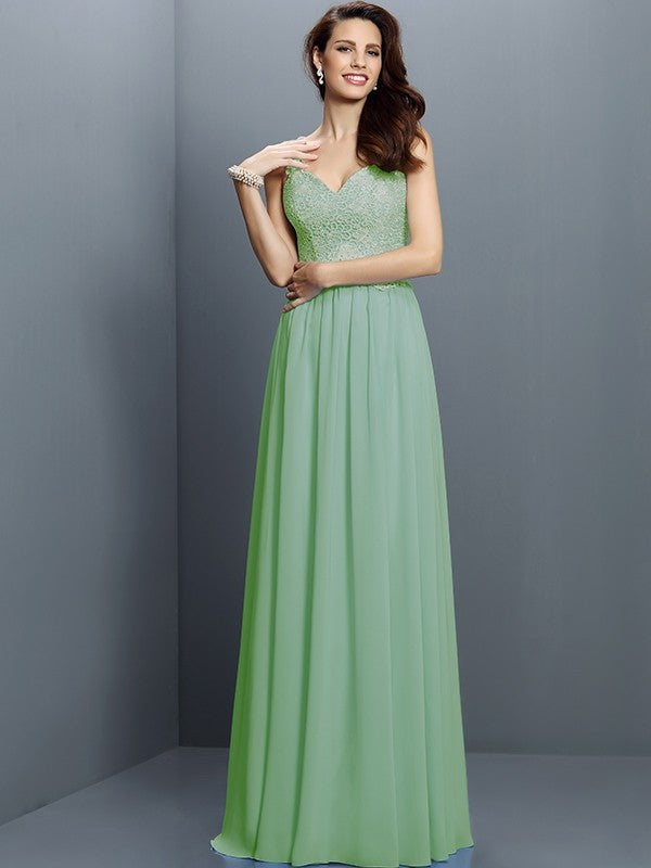 V-Neck Elegant Lace Sleeveless Long Chiffon Bridesmaid Dresses