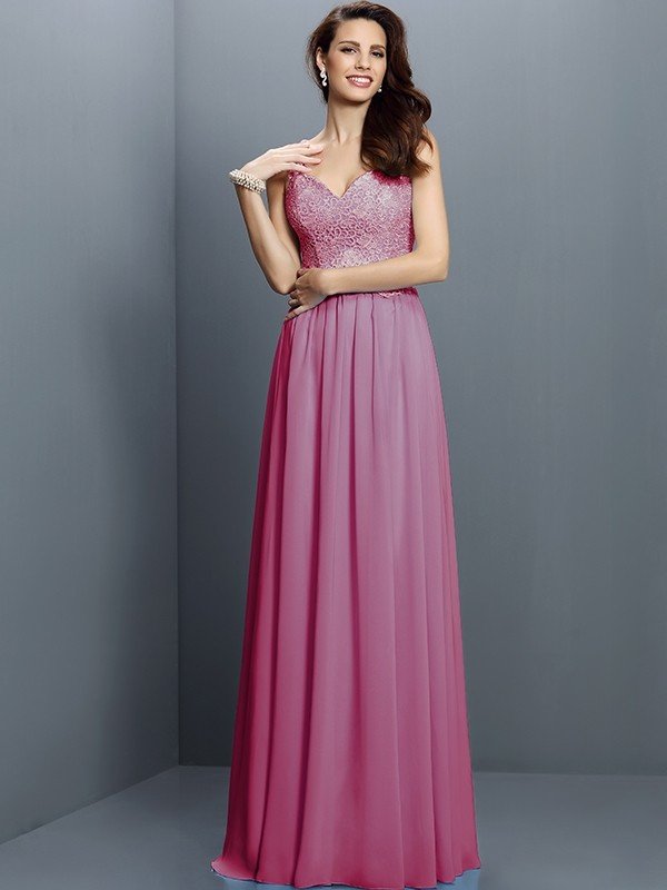 V-Neck Elegant Lace Sleeveless Long Chiffon Bridesmaid Dresses