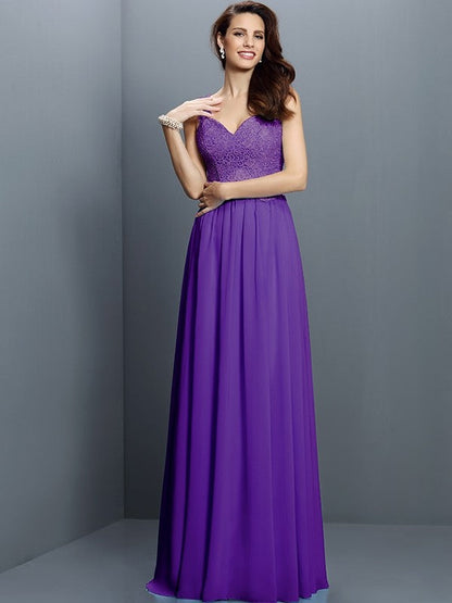 V-Neck Elegant Lace Sleeveless Long Chiffon Bridesmaid Dresses