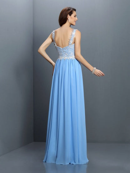 V-Neck Elegant Lace Sleeveless Long Chiffon Bridesmaid Dresses