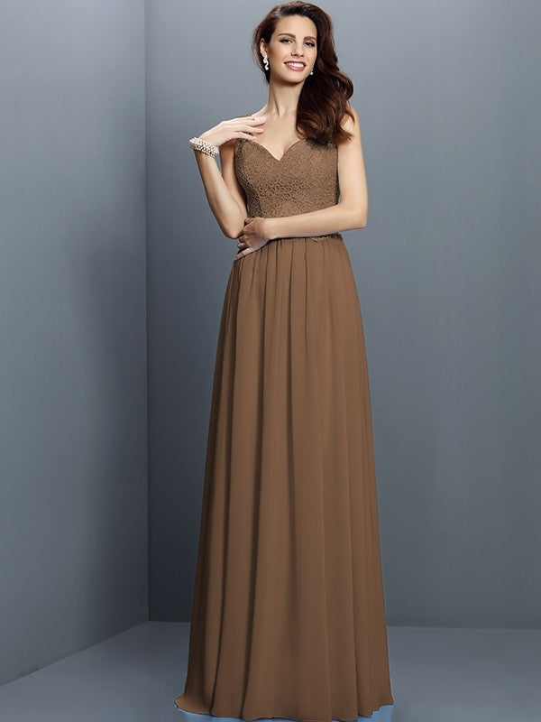 V-Neck Elegant Lace Sleeveless Long Chiffon Bridesmaid Dresses