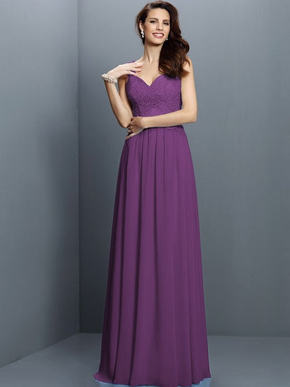 V-Neck Elegant Lace Sleeveless Long Chiffon Bridesmaid Dresses