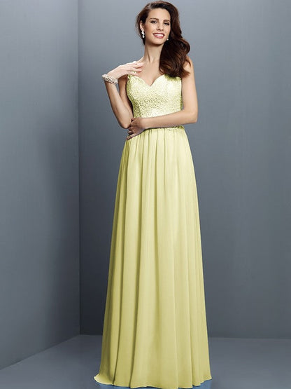 V-Neck Elegant Lace Sleeveless Long Chiffon Bridesmaid Dresses