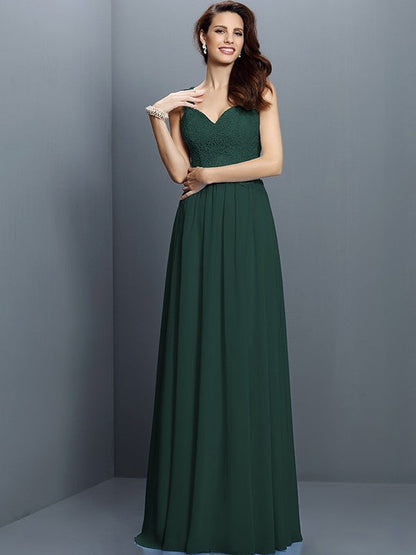 V-Neck Elegant Lace Sleeveless Long Chiffon Bridesmaid Dresses