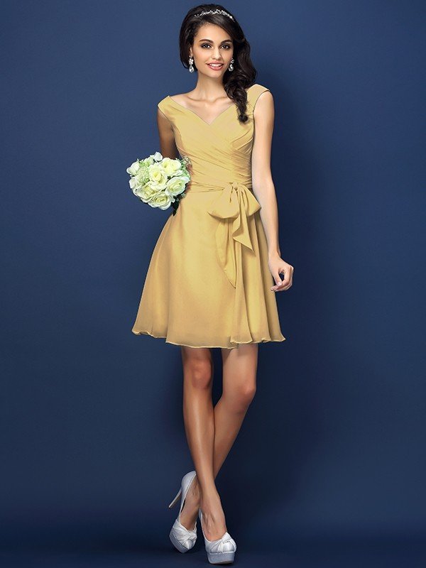 V-Neck Elegant Pleats Bowknot Sleeveless Short Chiffon Bridesmaid Dresses