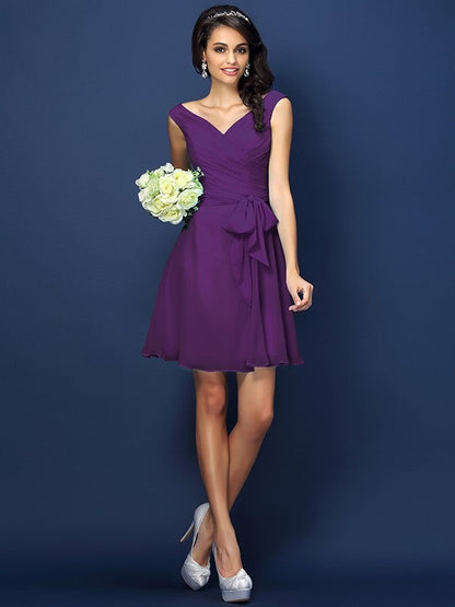 V-Neck Elegant Pleats Bowknot Sleeveless Short Chiffon Bridesmaid Dresses