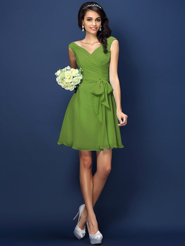 V-Neck Elegant Pleats Bowknot Sleeveless Short Chiffon Bridesmaid Dresses